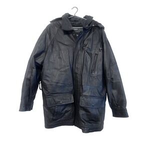 Wilson Leather Jacket Coat Black Thinsulate Hooded Size L Y2K Utility Moto